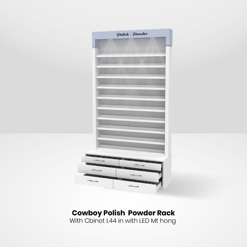 WHITE - GREY POLISH & POWDER RACK 44 INCHES WITH LED & CABINET