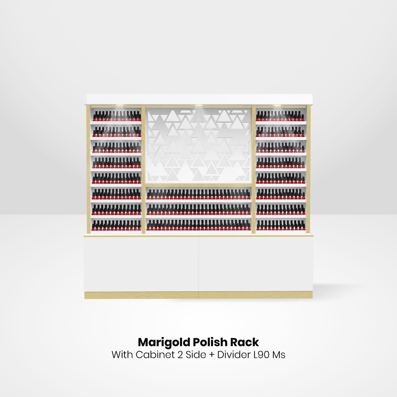 WHITE - GOLD POLISH RACK WITH CABINET 2 SIDE & DIVIDER 90